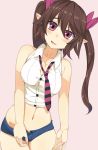  1girl ashu bare_shoulders blush breasts brown_hair head_tilt himekaidou_hatate large_breasts long_hair navel necktie pink_background pink_eyes pointy_ears short_hair short_shorts shorts simple_background smile smirk solo stomach touhou twintails 