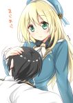  1boy 1girl absurdres admiral_(kantai_collection) atago_(kantai_collection) beret blonde_hair blush breasts green_eyes hand_on_another&#039;s_head hat highres hug kantai_collection large_breasts long_hair ryuki_(ryukisukune) smile translation_request 