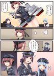  1girl 3girls alternate_costume bangs blunt_bangs blush brown_eyes brown_hair cosplay female_admiral_(kantai_collection) gloves hair_ribbon hiememiko kantai_collection long_hair multiple_girls murakumo_(kantai_collection) personification red_eyes ribbon school_uniform serafuku silver_hair solo translated z3_max_schultz_(kantai_collection) z3_max_schultz_(kantai_collection)_(cosplay) 