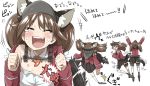  1girl animal_ears brown_eyes brown_hair cat_ears cat_tail censored fangs kantai_collection koutamii long_hair novelty_censor personification ryuujou_(kantai_collection) skirt solo tail translated twintails visor_cap 
