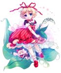 1girl amo blonde_hair blue_eyes bobby_socks bow choker doll dress flower hair_bow hair_ribbon holding holding_flower jumper layered_dress lily_of_the_valley loafers looking_at_viewer medicine_melancholy multiple_girls open_mouth pink_legwear puffy_short_sleeves puffy_sleeves red_bow red_dress red_ribbon red_shoes ribbon ribbon_choker shoes short_hair short_sleeves simple_background skirt socks solo star su-san touhou 