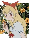  1girl aikatsu! aikatsu!_(series) all_day_long blonde_hair blush border bow closed_mouth collared_shirt commentary_request eating food from_side fruit hair_bow hairband holding holding_food holding_fruit hoshimiya_ichigo letterboxed long_hair looking_at_viewer looking_to_the_side loquat outside_border plant red_bow red_eyes red_hairband red_neckwear sailor_collar school_uniform shirt sideways_glance solo starlight_academy_uniform summer_uniform upper_body white_border white_sailor_collar white_shirt 