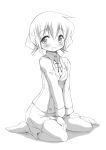  1girl blush hidamari_sketch monochrome nori school_uniform short_hair simple_background sitting skirt smile solo white_background yoshitani_motoka 