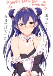  1girl alternate_costume apron bare_shoulders blue_hair blush clearite double_bun earrings enmaided highres jewelry long_hair looking_at_viewer love_live!_school_idol_project maid maid_headdress off_shoulder smile solo sonoda_umi strap_slip translation_request yellow_eyes 