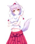  1girl animal_ears bandages bare_shoulders blush breasts crossed_arms hat highres inubashiri_momiji kuroleo looking_at_viewer looking_down midriff navel pom_pom_(clothes) shirt short_hair silver_hair skirt solo tail tokin_hat touhou white_shirt wolf_ears wolf_tail yellow_eyes 