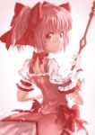  1girl bow_(weapon) dress gloves heart-shaped_hole kaname_madoka lain looking_back magical_girl mahou_shoujo_madoka_magica mahou_shoujo_madoka_magica_movie pink_eyes pink_hair short_twintails smile solo twintails weapon 