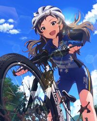  1girl :d artist_request bicycle bicycle_helmet bike_jersey bike_shorts brown_eyes brown_hair fingerless_gloves gloves helmet idolmaster idolmaster_million_live! jpeg_artifacts kitazawa_shiho long_hair official_art open_mouth smile 