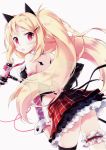  1girl animal_ears blonde_hair blush checkered checkered_skirt garters hair_ornament hairclip highres long_hair microphone microphone_stand nyanya open_mouth original petticoat red_eyes scan skirt solo twintails white_background 