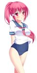  1girl :o arms_behind_back blush breasts i-168_(kantai_collection) kantai_collection looking_at_viewer personification ponytail red_eyes redhead ro-ichi school_swimsuit school_uniform serafuku simple_background solo swimsuit swimsuit_under_clothes white_background 