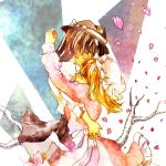  2girls blonde_hair bow branch brown_hair closed_eyes dress hat hug maribel_hearn multiple_girls petals short_hair skirt smile sooru0720 touhou traditional_media usami_renko watercolor_(medium) yuri 