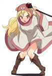  1girl blonde_hair blush boots covering dragon_quest dragon_quest_ii full_body hood hyakuen_raitaa long_hair open_mouth princess_of_moonbrook red_eyes rough solo staff wide_sleeves 