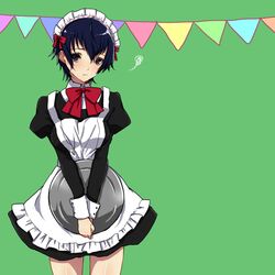  1girl alternate_costume apron blue_eyes blue_hair blush highres iketsuko maid maid_headdress persona persona_4 persona_4_the_golden ribbon shirogane_naoto short_hair solo 