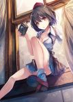  1girl bare_legs black_hair breasts brown_eyes camera cleavage collarbone curtains fal_maro geta hat highres looking_at_viewer parted_lips shameimaru_aya shirt short_hair sitting skirt socks solo tokin_hat touhou undone white_legwear white_shirt window 