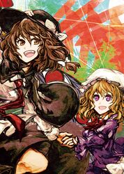  2girls akasia blonde_hair bow brown_eyes brown_hair capelet dress gap hair_bow hand_on_headwear hat holding_hands long_hair maribel_hearn multiple_girls necktie open_mouth ribbon skirt smile torii touhou trojan_green_asteroid usami_renko violet_eyes 