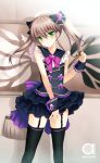  1girl bare_shoulders blush bow breasts broom covering covering_crotch frilled_skirt frills garter_straps green_eyes long_hair looking_at_viewer original skirt solo thighhighs udk wrist_cuffs 