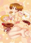  1girl ass barefoot box brown_eyes brown_hair cat doughnut hoodie k-on! kuzu_kow manga_(object) pillow short_hair suzuki_jun twintails 