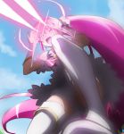  1girl aino_megumi beams boots clouds cure_lovely eye_beam happinesscharge_precure! haruyama_kazunori kneeling long_hair magical_girl open_mouth pink_eyes pink_hair ponytail precure sky solo thigh-highs thigh_boots very_long_hair white_legwear 