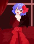  1girl :d alternate_costume bare_shoulders bat_wings blue_hair blush curtains dress elbow_gloves fang flower gloves hair_flower hair_ornament highres kameyan open_mouth red_dress red_eyes remilia_scarlet short_hair slit_pupils smile solo strapless_dress touhou window wings 