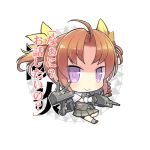  1girl :&gt; brown_hair character_name chibi hair_ribbon kagerou_(kantai_collection) kantai_collection long_hair looking_at_viewer mimura_ryou multiple_girls personification pleated_skirt ribbon simple_background skirt solo translated twintails violet_eyes white_background 