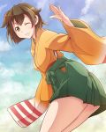  1girl blue_sky blush breasts brown_eyes brown_hair clouds e20 grin hakama_skirt hiryuu_(kantai_collection) japanese_clothes kantai_collection long_sleeves one_eye_closed personification ribbon short_hair side_ponytail skirt sky smile solo wide_sleeves wink 
