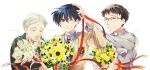  3boys blue_eyes blue_hair bouquet brown_hair clannad family father_and_son flower glasses grey_hair highres koumura_toshio multiple_boys okazaki_naoyuki okazaki_tomoya one_eye_closed ribbon school_uniform short_hair takumi_(scya) wink 