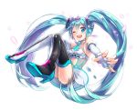  1girl alternate_costume aqua_eyes aqua_hair black_legwear boots elbow_gloves fingerless_gloves gloves goodsmile_racing hatsune_miku high_heels long_hair looking_at_viewer one_eye_closed open_mouth racequeen solo thigh_boots thighhighs twintails vocaloid white_gloves wink yamori_(stom) 