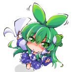 1girl blush chibi frog_hair_ornament gohei green_eyes green_hair hair_ornament highres kochiya_sanae long_hair looking_at_viewer shinapuu simple_background skirt smile snake_hair_ornament solo touhou white_background