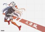  1girl amatsukaze_(kantai_collection) artist_name brown_eyes character_name garter_straps grid kantai_collection long_hair personification school_uniform serafuku silver_hair solo striped striped_legwear thigh-highs twintails usanekorin 