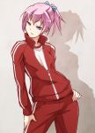  1girl blue_eyes blush e20 gym_uniform hair_ornament hand_on_hip kantai_collection personification pink_hair ponytail shadow shiranui_(kantai_collection) short_hair track_jacket track_pants track_suit 