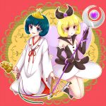  2girls bell black_gloves blonde_hair blue_eyes blue_hair blush boots bow brown_eyes choker crown dual_persona elbow_gloves fan folding_fan gloves hair_bow happinesscharge_precure! japanese_clothes jingle_bell kagura_suzu knee_boots kneeling miko mochinya21 multiple_girls precure queen_mirage short_hair skirt smile staff 