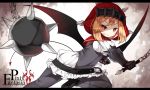  1girl ball_and_chain blonde_hair chain copyright_name demon_girl demon_tail demon_wings gauntlets hood letterboxed pixiv_fantasia pixiv_fantasia_fallen_kings red_eyes saru short_hair solo tail wings 