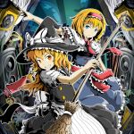  &gt;:( 2girls album_cover alice_margatroid apron black_hat black_skirt blonde_hair blue_dress blue_eyes bow braid broom capelet coba_(bushclover) cover dress frown grin hair_bow hairband hat hat_bow highres holding kirisame_marisa light long_hair looking_at_viewer loose_necktie multiple_girls necktie outstretched_arm puffy_short_sleeves puffy_sleeves sash short_hair short_sleeves side_braid skirt smile speaker spotlight tagme touhou vest waist_apron white_bow witch_hat yellow_eyes 