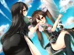  2girls ass black_hair black_skirt blush brown_eyes brown_hair chikuma_(kantai_collection) food food_on_face gengetsu_chihiro green_shirt highres kantai_collection long_hair multiple_girls one_eye_closed open_mouth personification puffy_sleeves shirt short_sleeves sitting skirt tone_(kantai_collection) twintails wink 