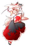  1girl alphes_(style) animal_ears bare_shoulders dairi hat highres inubashiri_momiji katana looking_at_viewer parody pom_pom_(clothes) red_eyes shield shirt short_hair silver_hair solo style_parody sword tail tokin_hat touhou weapon white_shirt wolf_ears wolf_tail 