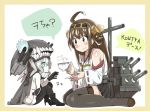  2girls ahoge bare_shoulders black_legwear boots brown_eyes brown_hair chibi cup detached_sleeves double_bun gloves hair_ornament hairband japanese_clothes kantai_collection kongou_(kantai_collection) koutamii long_hair multiple_girls nontraditional_miko open_mouth personification pleated_skirt pun shinkaisei-kan skirt teacup thigh-highs thigh_boots translated wo-class_aircraft_carrier zettai_ryouiki 