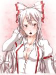  1girl :&lt; :o arm_belt breasts buckle cleavage colored_eyelashes fujiwara_no_mokou hair_ribbon highres kantatheinvincible long_hair long_sleeves looking_away open_mouth red_eyes ribbon side_glance silver_hair solo suspenders sweat touhou unbuttoned 