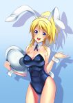  1girl animal_ears ayase_eli blonde_hair blue blue_eyes breasts bunny_tail bunnysuit cleavage cowboy_shot derivative_work detached_collar fake_animal_ears highres kamegon long_hair love_live!_school_idol_project ponytail rabbit_ears ribbon solo tail tray wrist_cuffs 