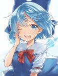  ;d blue_eyes blue_hair bust cirno hand_on_own_cheek one_eye_closed open_mouth smile solo touhou white_background wink woodspurge 