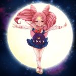  1girl bishoujo_senshi_sailor_moon blue_skirt chibi_usa chim crescent crossed_legs double_bun expressionless facial_mark forehead_mark luna-p outstretched_arms pink_hair red_eyes school_uniform serafuku shoes short_hair skirt socks solo spread_arms twintails 