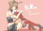  1girl absurdres artist_name breasts brown_hair character_name gloves green_eyes headgear heart highres kantai_collection looking_at_viewer mutsu_(kantai_collection) personification pleated_skirt red_legwear short_hair skirt solo thigh-highs twitter_username yuki_(sonma_1426) 