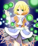  1girl arm_warmers blonde_hair danmaku dress ellipsis_(mitei) expressionless eyebrows_visible_through_hair frills green_eyes highres mizuhashi_parsee raised_hand short_hair short_sleeves 