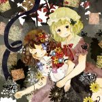  2girls ascot blonde_hair blush_stickers brown_hair butterfly closed_eyes death dress flower hand_on_another&#039;s_face maribel_hearn multiple_girls no_hat onigiri_(ginseitou) ribbon short_hair skirt smile touhou usami_renko yellow_eyes 