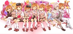  1boy 6+girls accelerator blonde_hair brown_eyes brown_hair cat choker closed_eyes crepe dolly_(to_aru_kagaku_no_railgun) dress gun head_mounted_display last_order long_hair misaka_imouto misaka_mikoto misaka_worst multiple_girls nappa_(parodymarket) red_eyes school_uniform shokuhou_misaki short_hair sitting thigh-highs to_aru_kagaku_no_railgun to_aru_majutsu_no_index vietnamese_dress weapon white_hair 