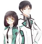  1boy 1girl between_breasts black_hair breasts brown_hair glasses highres mahouka_koukou_no_rettousei mole necktie necktie_between_breasts school_uniform shibata_mizuki short_hair smile yellow_eyes yoshida_mikihiko yuino_(yuina0310) 