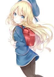  1girl absurdres atago_(kantai_collection) backpack bag blonde_hair blue_eyes hat highres hiiragi_yashiro kantai_collection long_hair looking_at_viewer military military_uniform pantyhose personification randoseru smile solo uniform young 