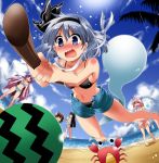  5girls ^_^ alternate_costume animal_ears ball bare_legs bare_shoulders beach beachball bikini black_bikini black_hair blindfold blue_eyes blush breasts brown_hair closed_eyes clouds crab falling fan food fruit ghost hairband hat houraisan_kaguya inaba_tewi innertube konpaku_youmu konpaku_youmu_(ghost) lavender_hair long_hair multiple_girls ocean one_eye_closed open_mouth pink_hair purple_hair rabbit_ears red_eyes reisen_udongein_inaba saigyouji_yuyuko short_hair shorts silver_hair stick striped striped_bikini striped_swimsuit sun swimsuit touhou train_90 triangular_headpiece unbuttoned very_long_hair watermelon wavy_mouth wink 