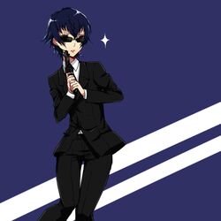  alternate_costume blue_hair formal gun highres iketsuko necktie persona persona_4 persona_4_the_golden reverse_trap revolver shirogane_naoto slacks suit sunglasses weapon 