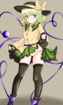  1girl black_legwear blush eyeball green_eyes green_hair hat hat_ribbon heart heart_of_string komeiji_koishi long_sleeves panties ribbon short_hair silver_hair skirt smile solo striped striped_panties thighhighs third_eye touhou underwear zibun_owl 