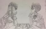  2girls board_game breasts chess_piece chessboard crossover eyebrows glasses hakamichi_shizune katawa_shoujo kill_la_kill kiryuuin_satsuki monochrome multiple_girls rtil school_uniform sketch smile sparkle sweatdrop thick_eyebrows 