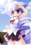  1girl animal_ears bare_shoulders blush fang hand_on_head happy highres inubashiri_momiji iwaki_hazuki looking_at_viewer open_mouth pom_pom_(clothes) red_eyes shirt short_hair silver_hair skirt solo tail touhou white_shirt wolf_ears wolf_tail 
